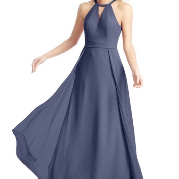 🥒 Azazie Melody High Neck Cutout Slate Blue Maxi Chiffon Bridesmaid Dress 10 L